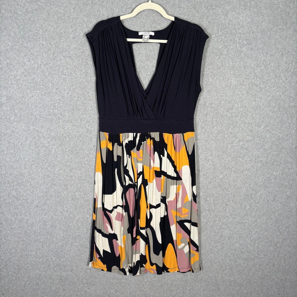 Venus Lascana Midi Dress‎ Large Navy Wrap Ruched Pleated Abstract Resort Cruise